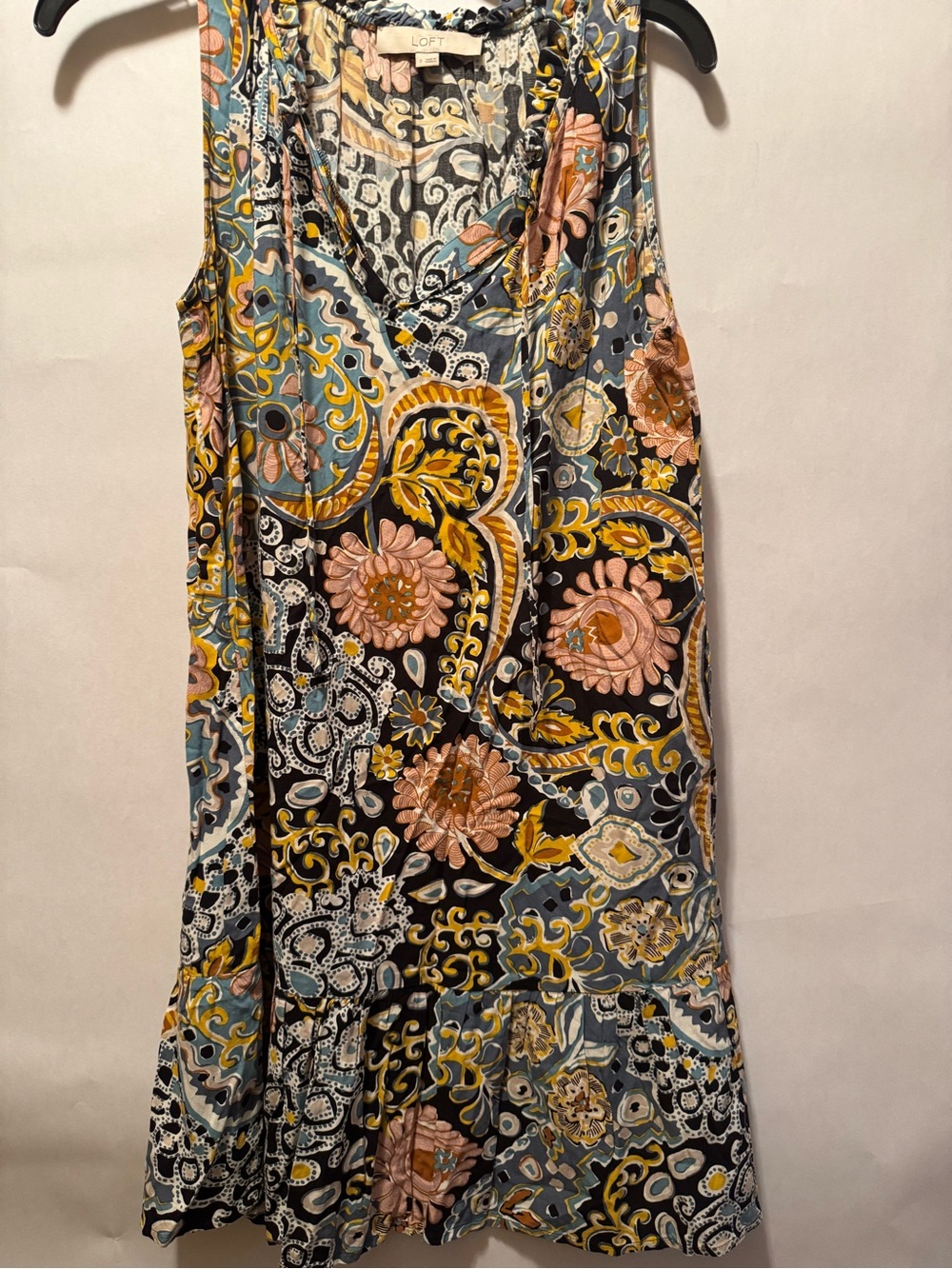 LOFT Floral Paisley V-Neck Dress ruffle hem women’s S — boho Blue, Pink, Mustard